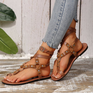 summer new european and american style criss-cross strap snake print thong sandals with metal ring detail - plus size women's fashion footwear