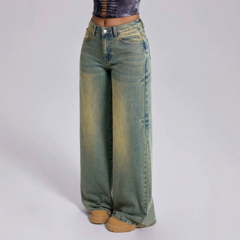 Fashionjeans women's yellow mud distressed gradient washed high waist wide leg mop pants cross-border loose denim pants