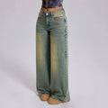 Fashionjeans women's yellow mud distressed gradient washed high waist wide leg mop pants cross-border loose denim pants