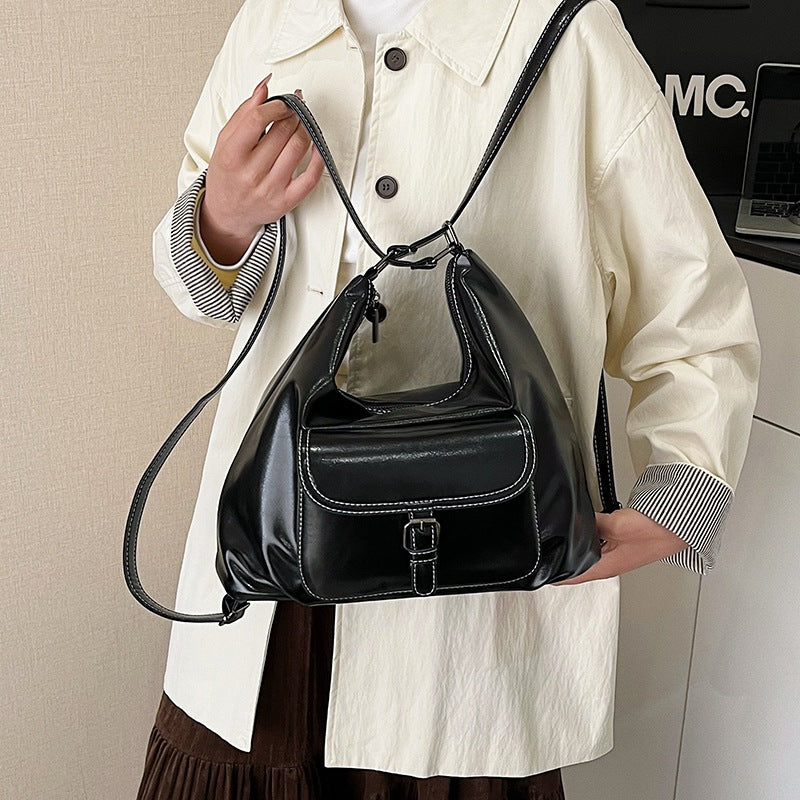 retro work clothing soft leather women's bag classy large capacity shoulder bag maillard style multifunctional backpack women