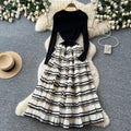 French style faux two-piece color block striped a-line cake dress - women's autumn knit long sleeve high waist slimming commute dress