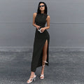 Amazon cross-border fashion round neck sleeveless slit dress summer new pure desire style hip covering mid-length skirt for women