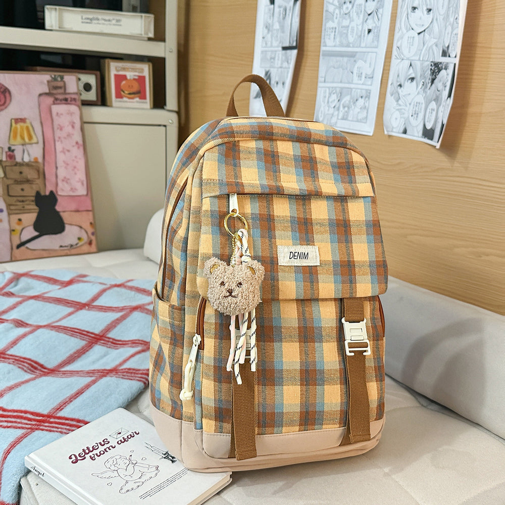 Vintage mori girl style plaid backpack - high school girl's chic rucksack - korean style large capacity fashionable versatile backpack