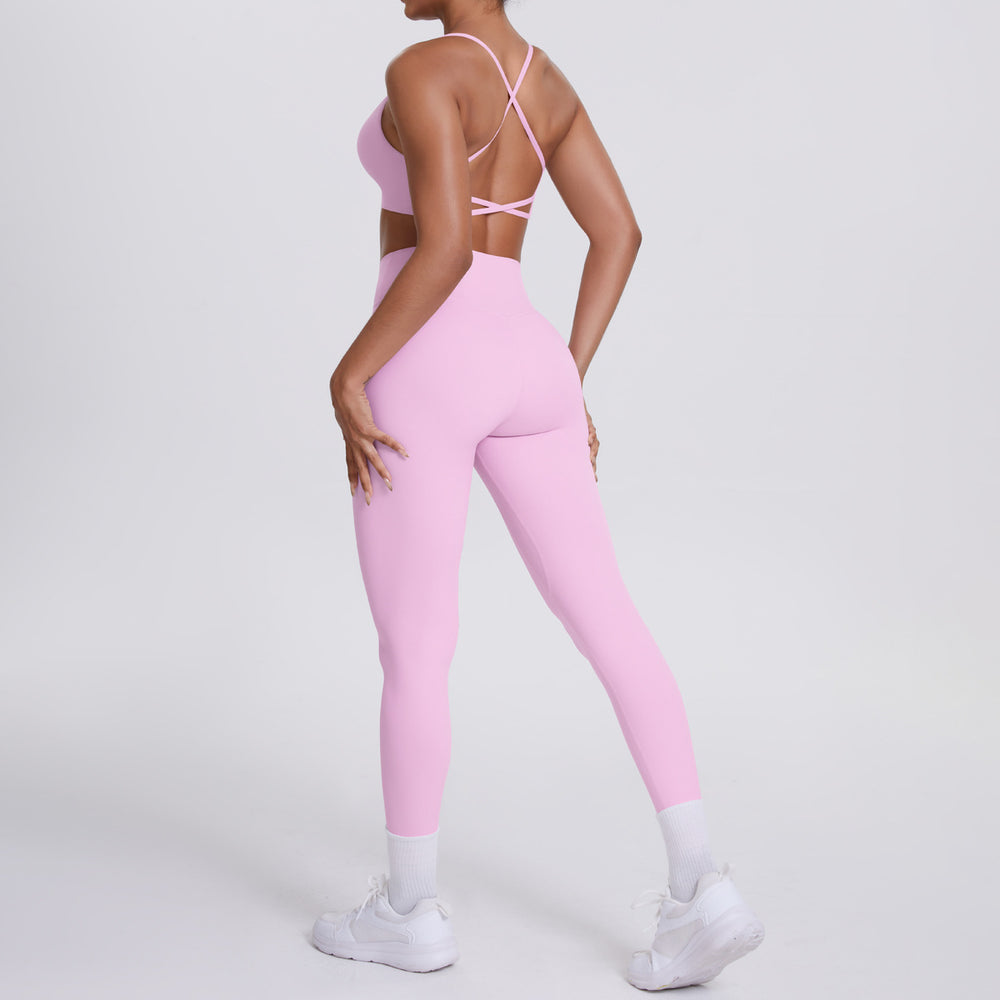 New arrival cross-border fashion double-sided nylon beautiful back tight cross sports yoga suit running fitness two-piece set