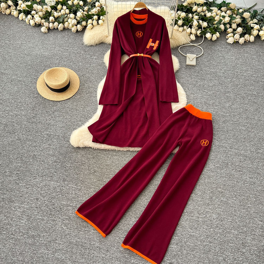 European and american fashion color block crew neck short sleeve knit top + cinched waist longline outerwear jacket + high-waisted pants three-piece set