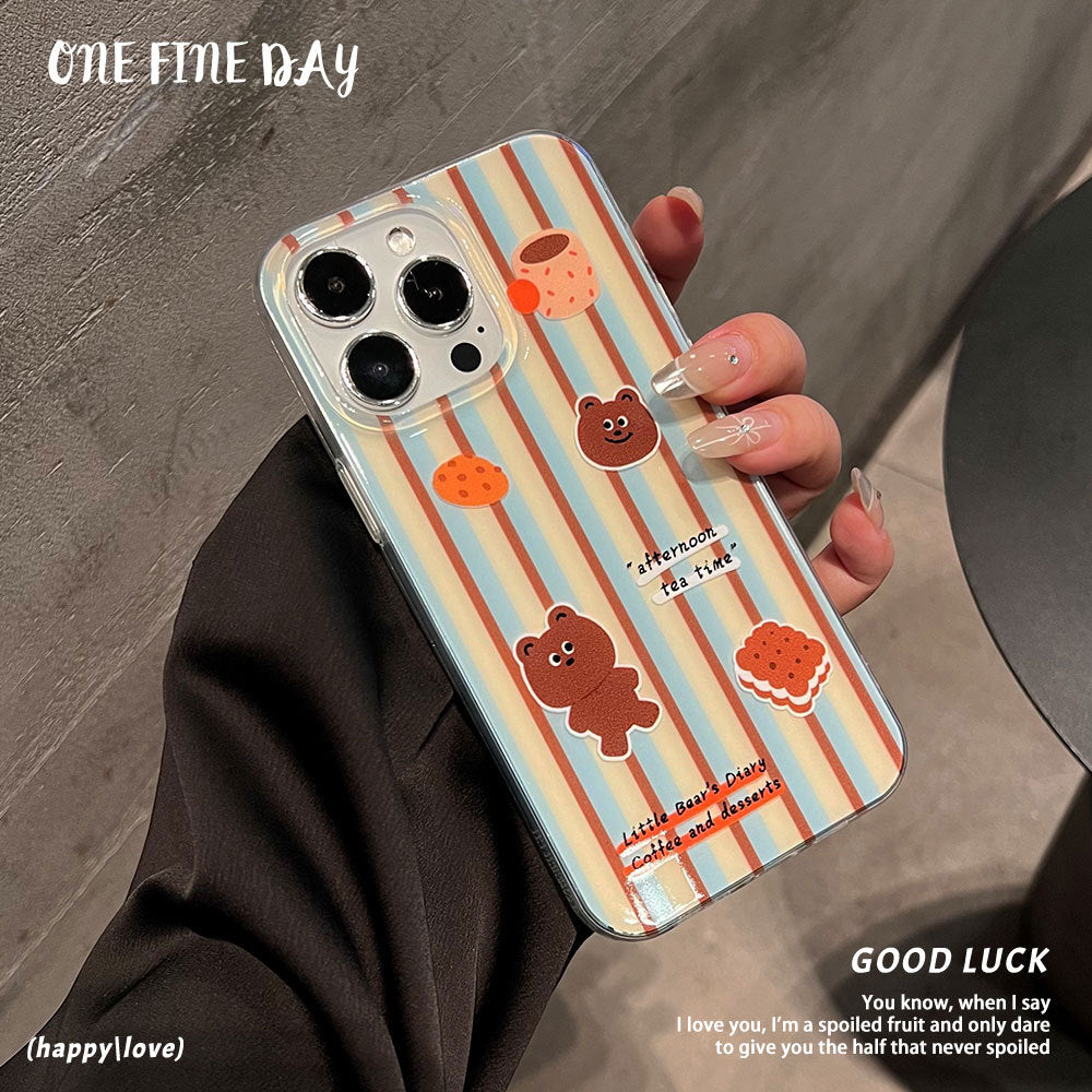 Classic striped apple 17 pro max phone case, iphone 16 creative coffee bear trendy phone case