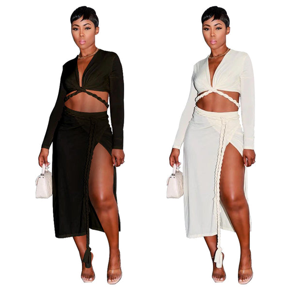 K10225 European and American  women's clothing  2022 autumn sexy split skirt set straps solid color two-piece set