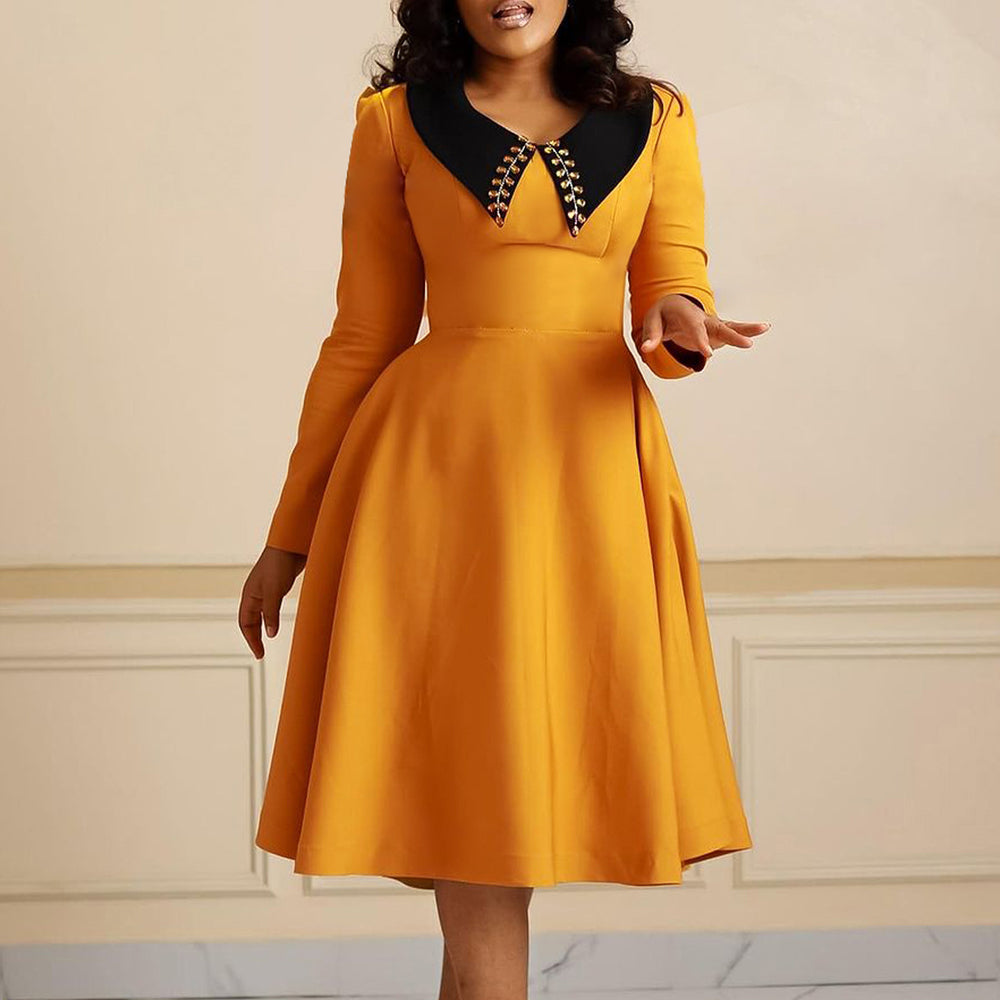 D461   fashionpure color women's long sleeves lapel eleganceslimming look large swing african exportdress