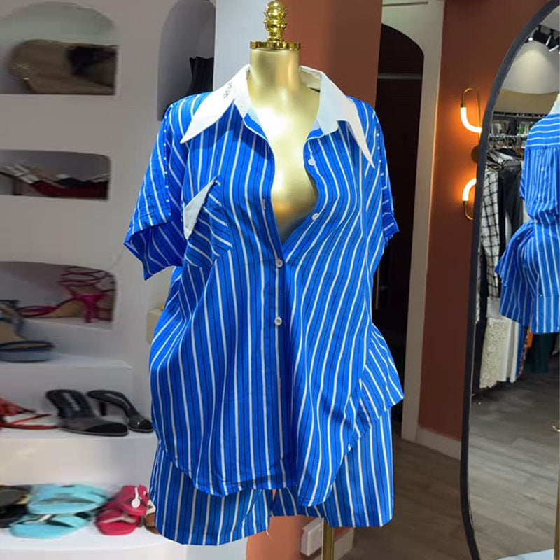 European and american cross-border women's fashion  autumn new casual blue striped turn-down collar button-down shirt and wide-leg shorts set