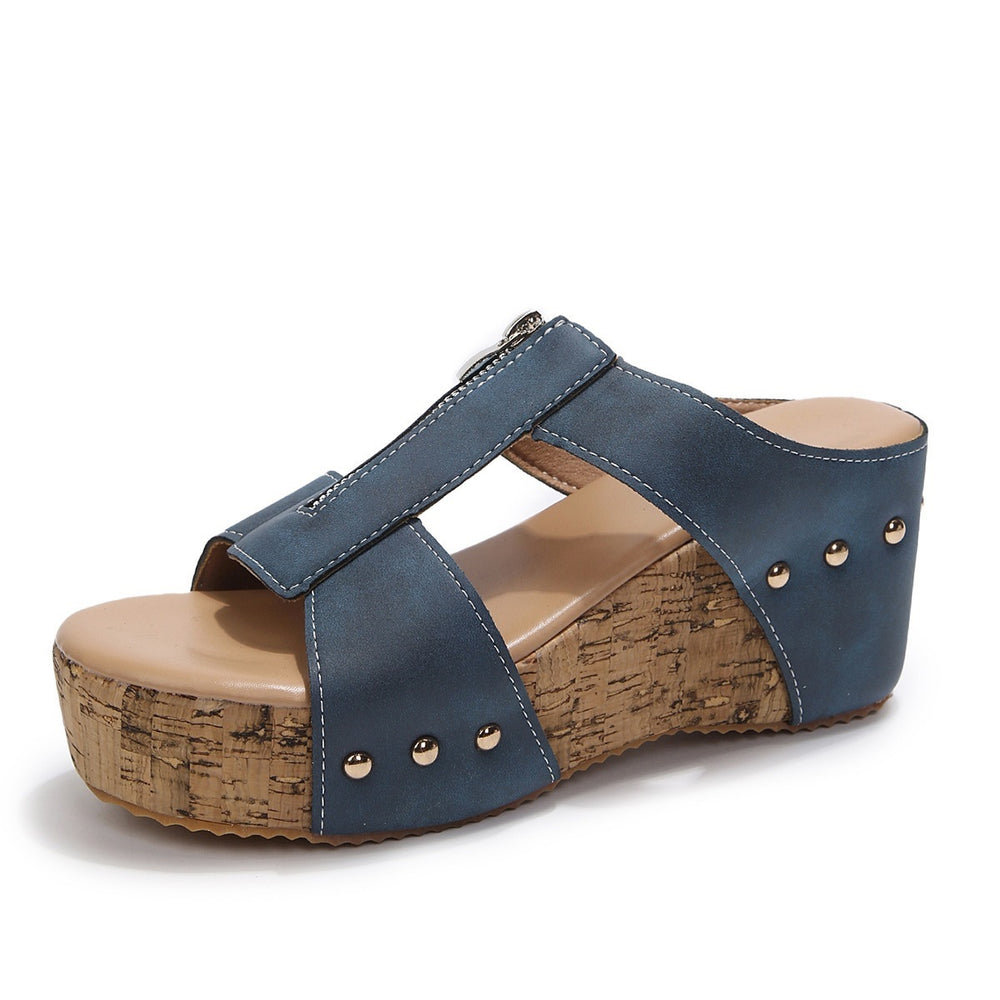summer new thick-soled cross-border export wedge heel peep-toe slides, plus size women's rivet sandals wholesale
