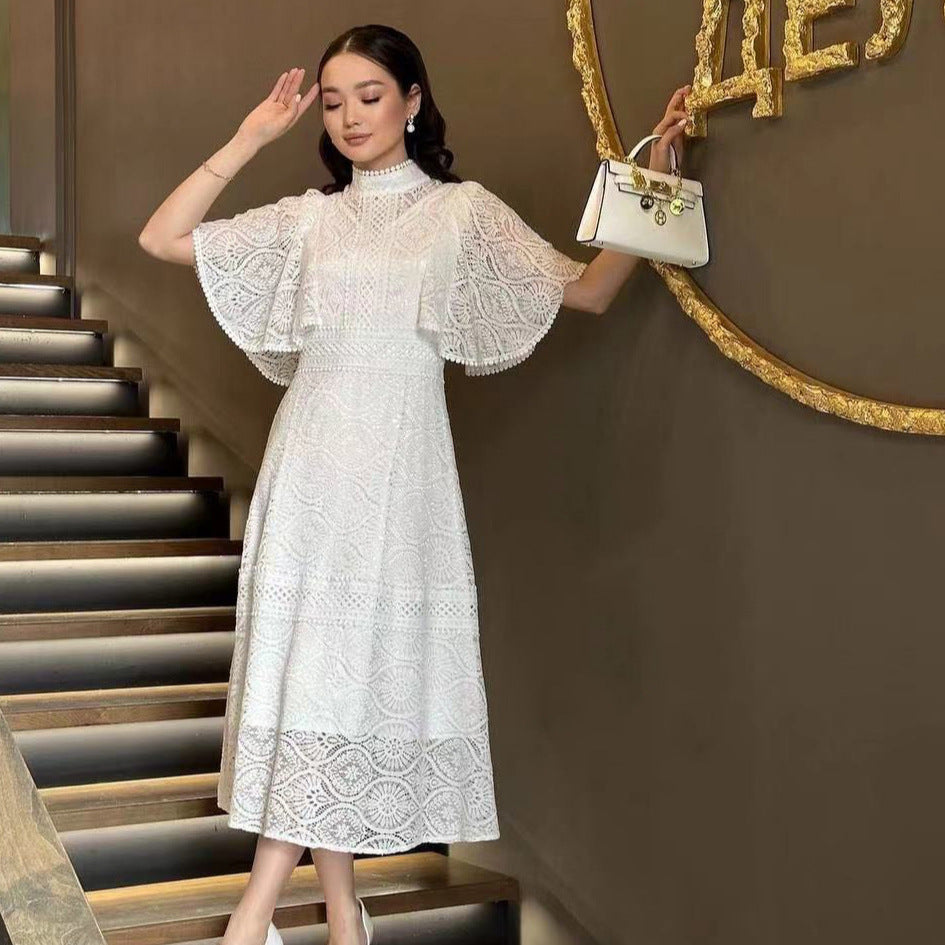 European style gold embroidered lace dress - women's summer a-line dress with delicate cutouts, ruffle sleeves, and a touch of luxury