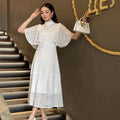 European style gold embroidered lace dress - women's summer a-line dress with delicate cutouts, ruffle sleeves, and a touch of luxury