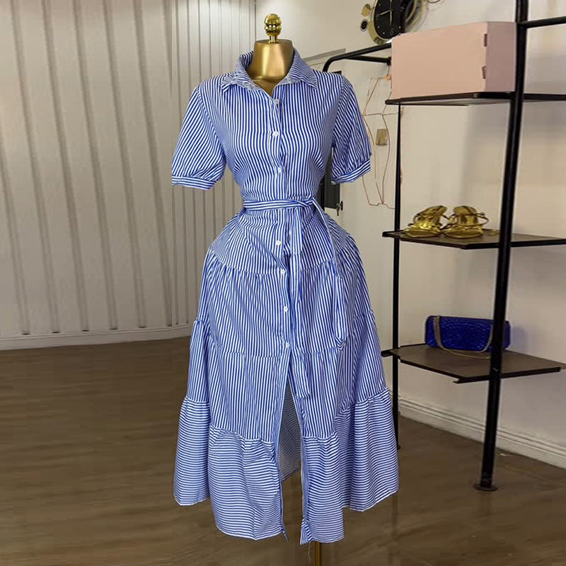 European and american women's clothing  autumn new sweet and fresh striped turn-down collar high-waisted slimming a-line maxi dress