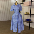 European and american women's clothing  autumn new sweet and fresh striped turn-down collar high-waisted slimming a-line maxi dress