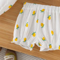 Baby girl lemon print gauze sleeveless ruched tank top with ruffle-trimmed lantern shorts - summer casual outfit