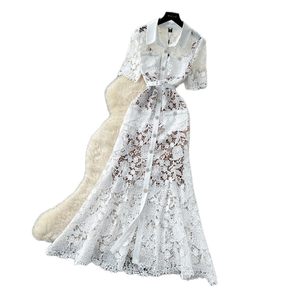 Frenchaccessible luxury heavy industry lacecut out silk dress women's summer k-style lapel waist slimming lookwork clothingelegance long skirt