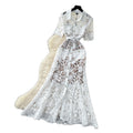 Frenchaccessible luxury heavy industry lacecut out silk dress women's summer k-style lapel waist slimming lookwork clothingelegance long skirt