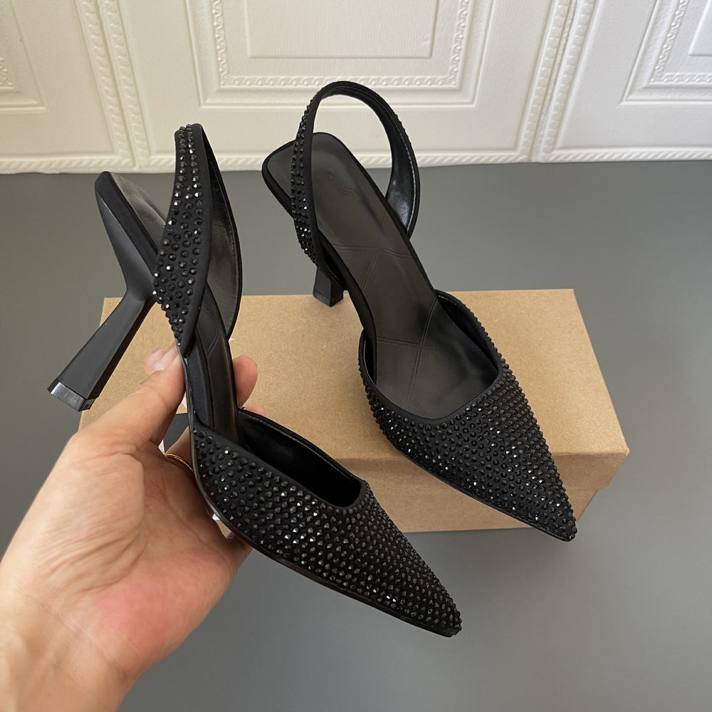 Z's 2026 spring new pointed-toe mules, black rhinestone sexy high heel women's sandals