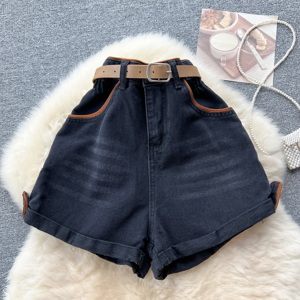Belt waist-cinching denim wide-leg shorts for women american retroniche stylehigh waistslimming lookcasualeasiest for matchhot girl hot pants