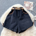 Belt waist-cinching denim wide-leg shorts for women american retroniche stylehigh waistslimming lookcasualeasiest for matchhot girl hot pants