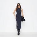 new arrivalsense of design side waist twist slit hip skirt round neck sleeveless button elegantknittingdress for women