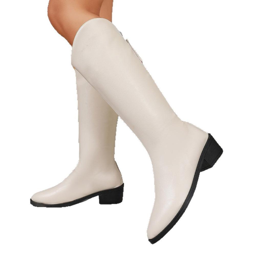 Plus size women's v-cut over-the-knee boots - new autumn/winter collection - solid color, round toe, chunky heel, back zipper, fashion boots