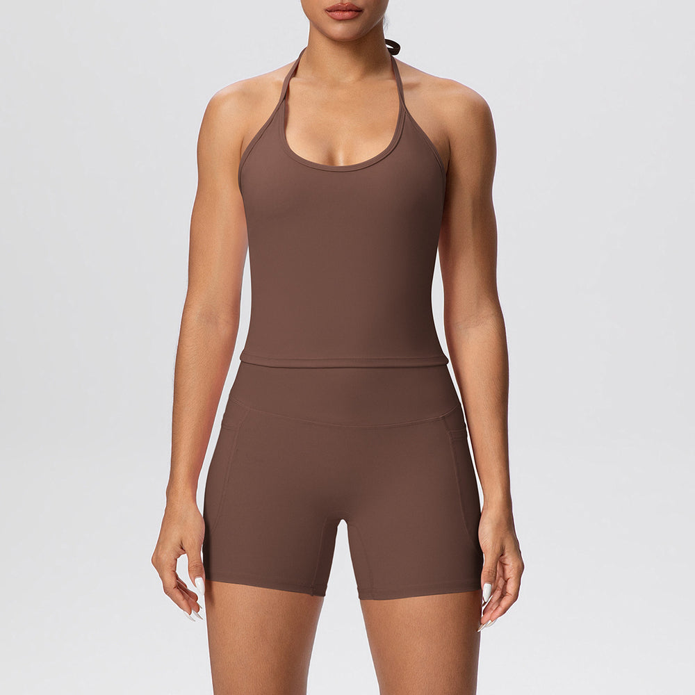 pure color brushed beautiful back tight strap halterflap pocket pants yoga suit sports running shortstwo-piece set