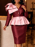 Autumfashion work clothing hip skirt waist rufflesv neckbows church banquet elegantsilm two-piece set