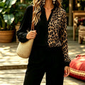 Black and brown leopard print color block plus size top - mandarin collar cardigan, long sleeve, patchwork, casual commute, loose fit women's shirt