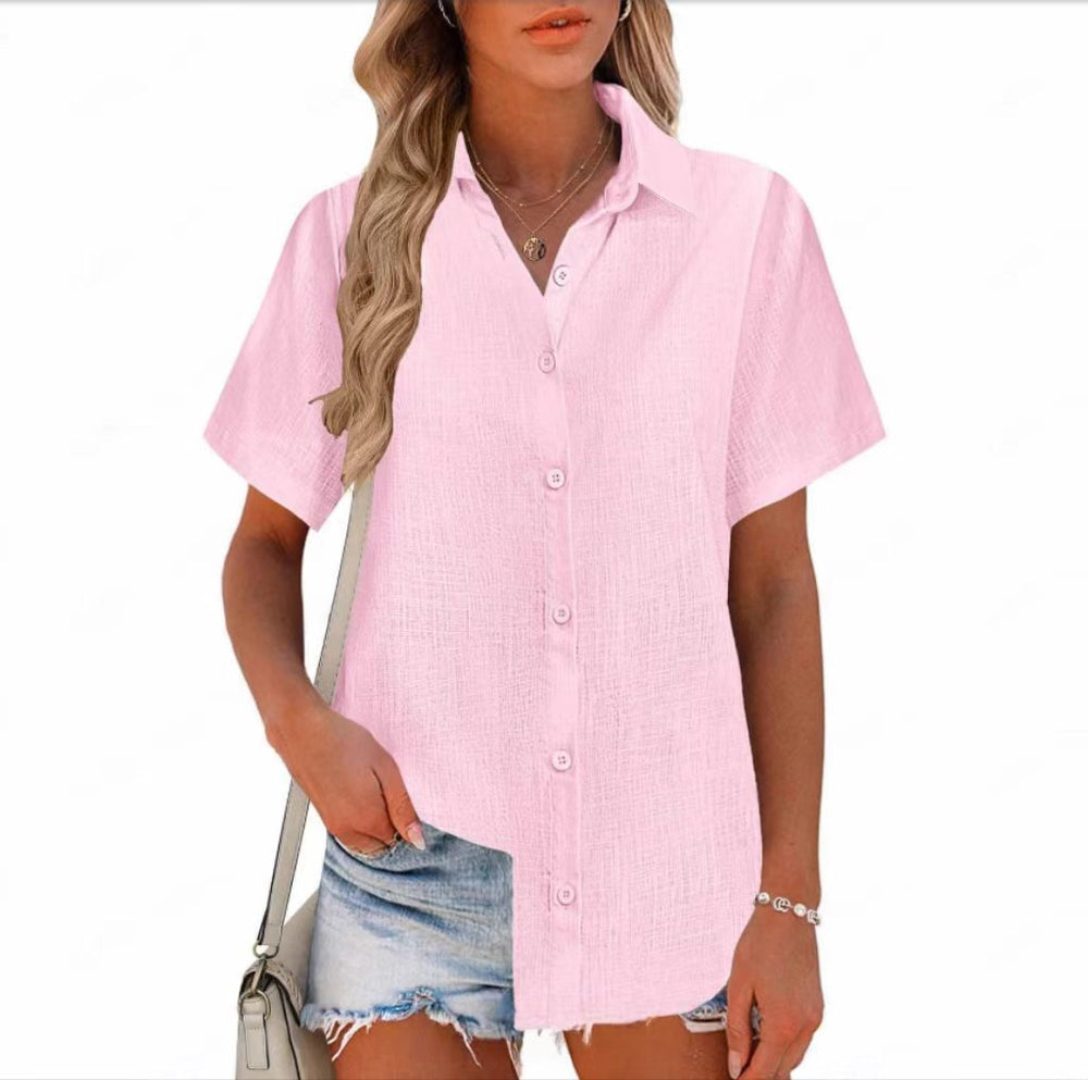 european and american cross-border  summer new arrival: women's solid color cotton linen short-sleeve shirt