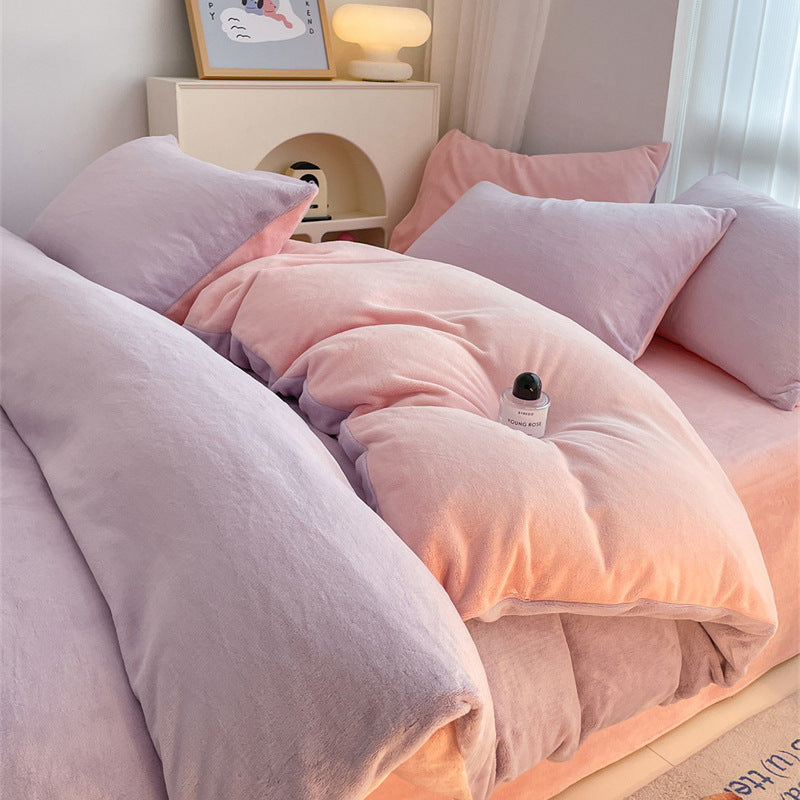 Solid color milk fleece four-piece set, winter thickened coral fleece bed sheet quilt cover, Nantong flannel bed three-piece set