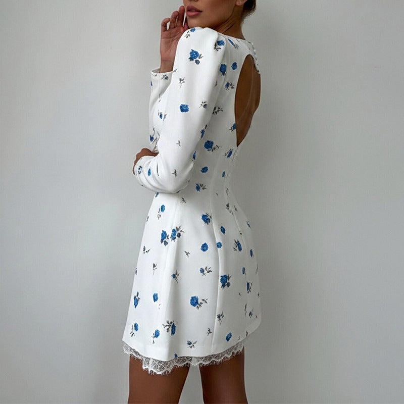 summer new women's fashion: european and american cross-border dress - printed lace-trimmed a-line long-sleeve mini dress