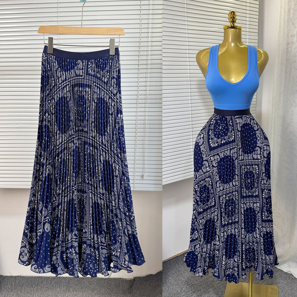 Exportsweeteasiest for matchpleated skirt large swing printing skirt women's frenchhigh waista-line medium long pleated skirt