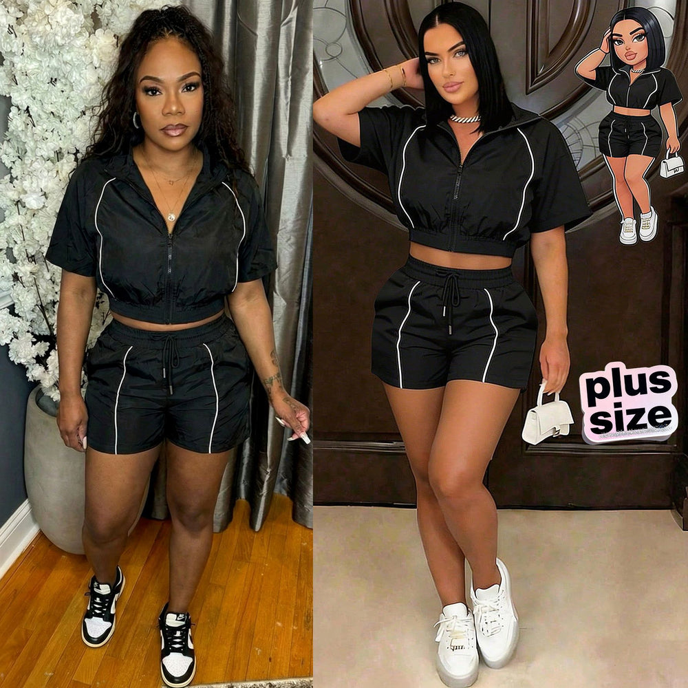 P391521 plus size women's striped two-piece set: casual activewear zip-up short sleeve top and drawstring shorts summer outfit