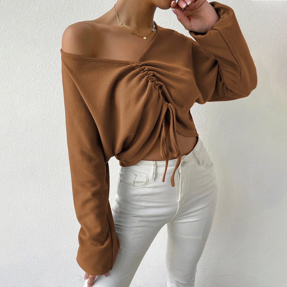 spring/summer new arrivals: european and american style loose fit casual v-neck drawstring waffle knit long sleeve cropped t-shirt - versatile top