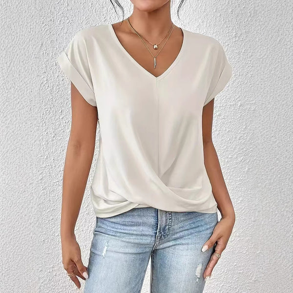 Europe and the United States   2024 autumn solid color V-neck short-sleeved casual T-shirt women