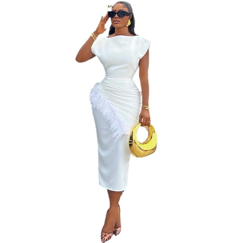 European and american cross-border women's fashion:  summer new arrival - stylish short-sleeve solid color ruched hem slim-fit midi dress