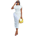 European and american cross-border women's fashion:  summer new arrival - stylish short-sleeve solid color ruched hem slim-fit midi dress