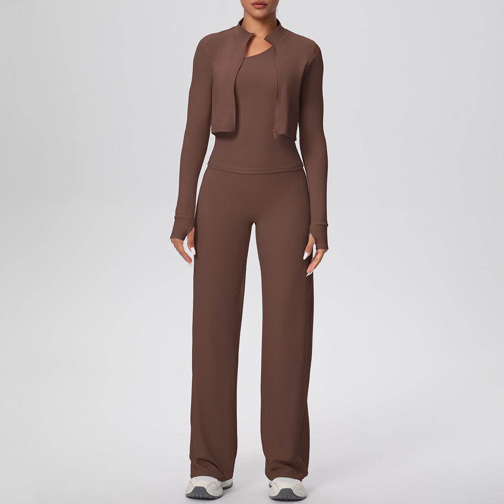 pure color brushed tight one-shoulder vest wide-leg long three-piece set sports running fitness yoga suit