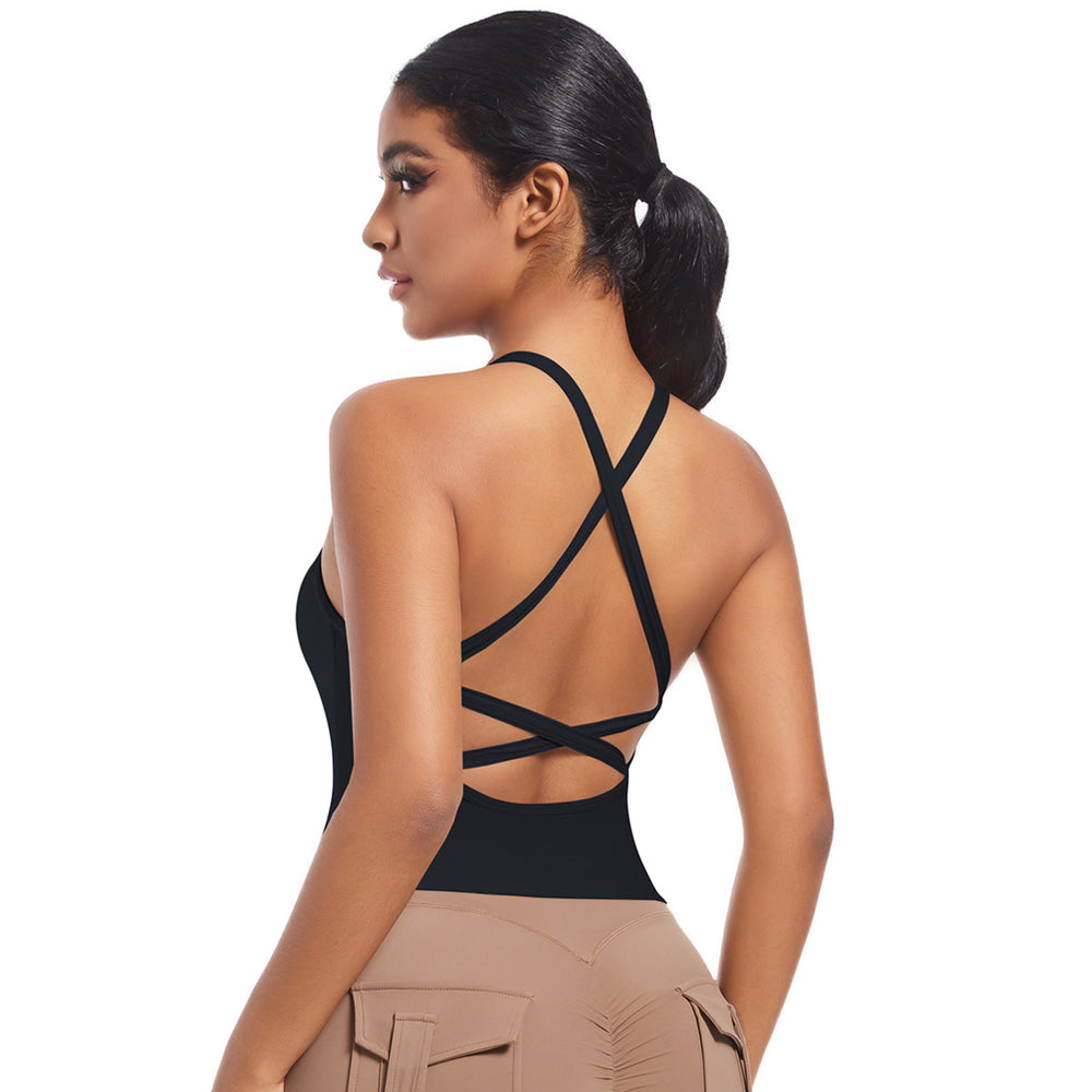 European and american new crossover strap backless sports bra yoga top long shaping bodysuit running fitness tank top for women