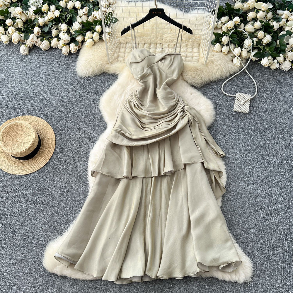 French goddess style design square neck bandeau strap ruched waist ruffle hem mini dress long gown
