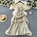 French goddess style design square neck bandeau strap ruched waist ruffle hem mini dress long gown