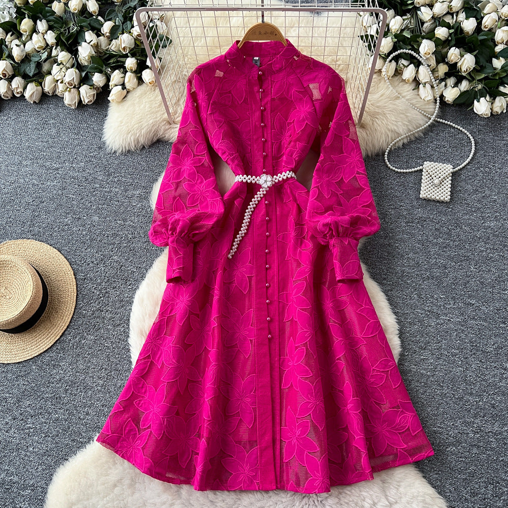 French retro court style heavy embroidered hollow-out round neck single-breasted lantern sleeve tie-waist elegant dress
