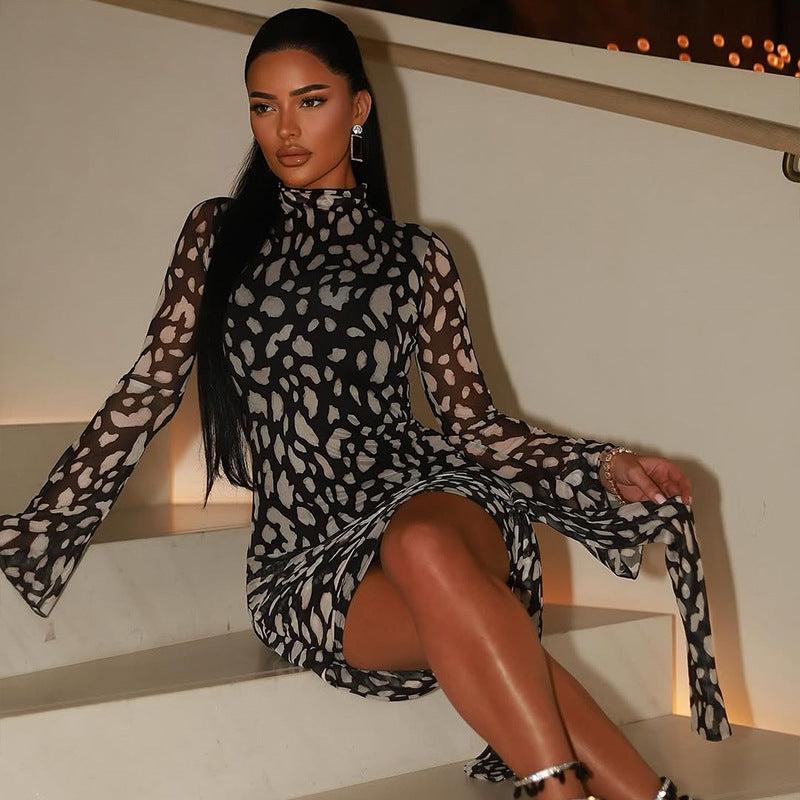 European and American  new printed women's clothing color matching slim-fitting hip skirt straps retro turtleneck long-sleeved short dress