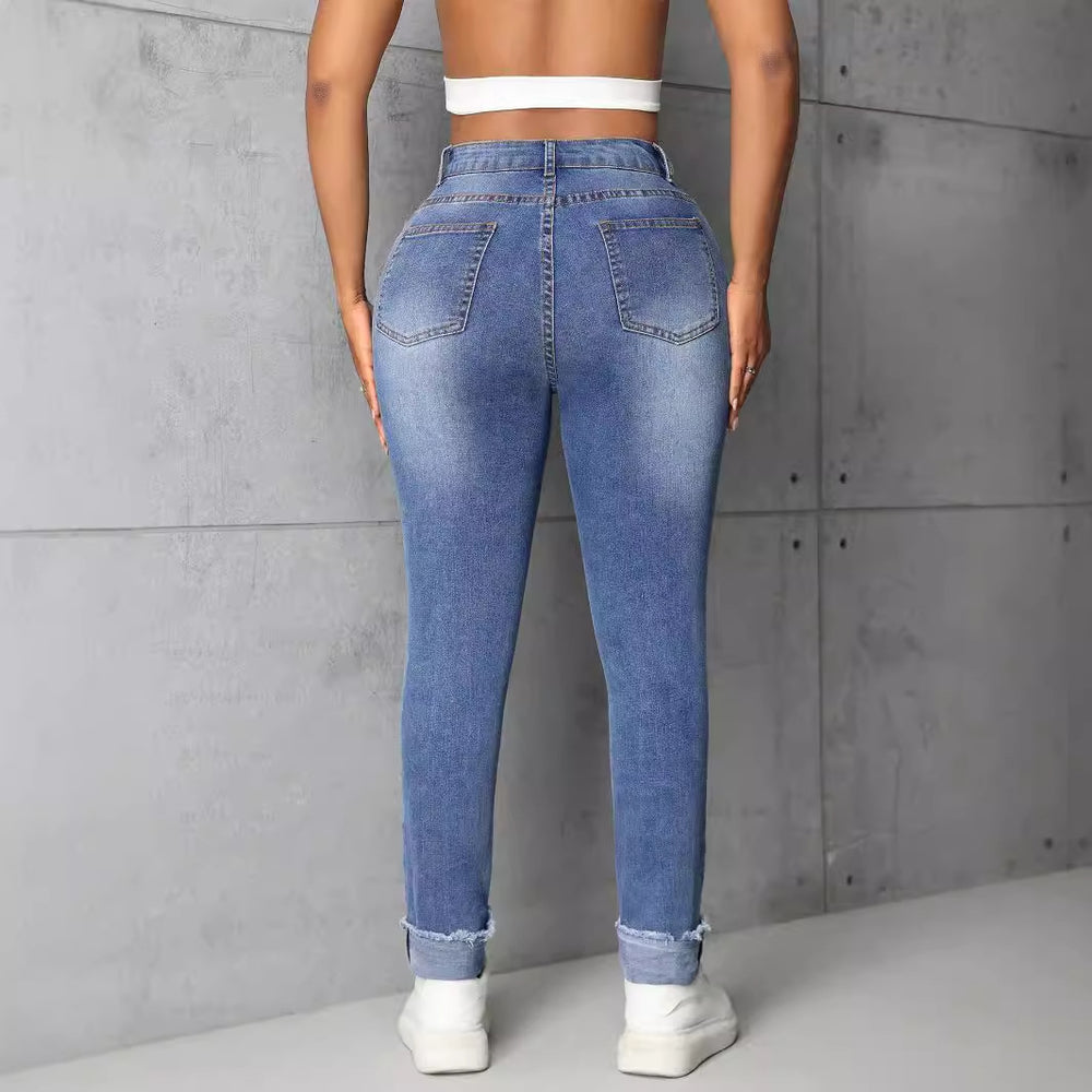 Pre-sale-15501# cross-border women's fashion european and american ins trendyslimming look ripped straight-leg skinny jeanspants
