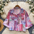 Korean style commute chic color block breathable printed shirt - women's short sleeve casual loose fit cardigan top - elegant summer