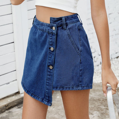 European and american cross-border e-commerce women's summer new arrivals:   washed button-decorated irregular denim skirt pants