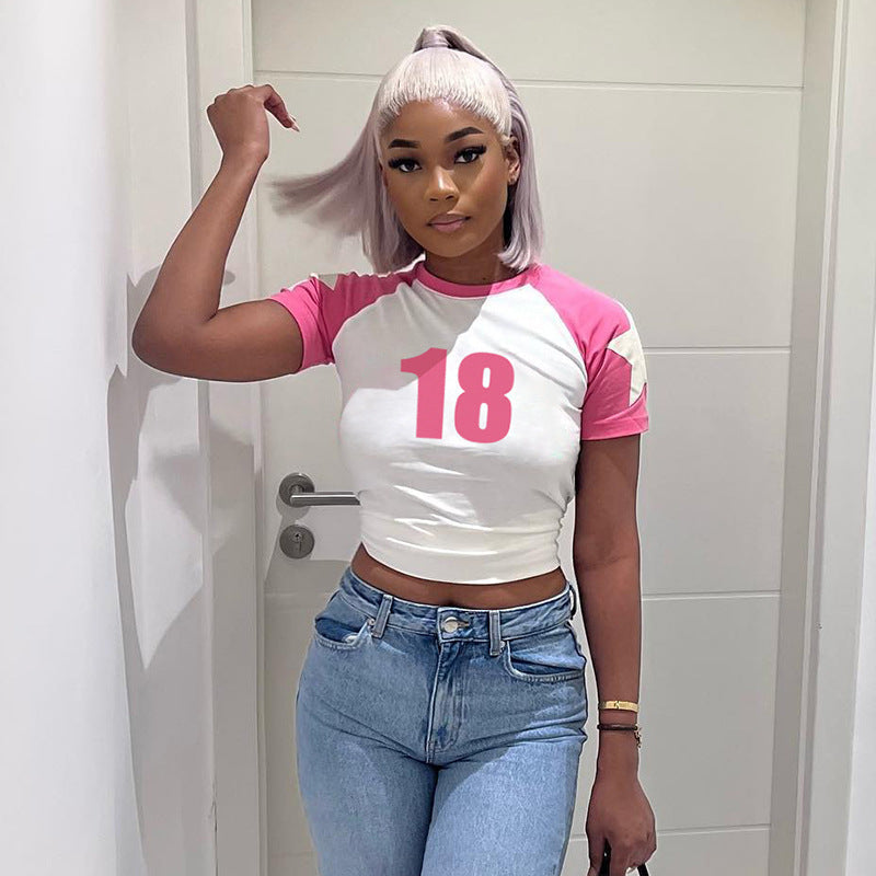 Cross-border street women's casual color contrast five-pointed star digital printing basic round neck pullover short-sleeved top  wholesale