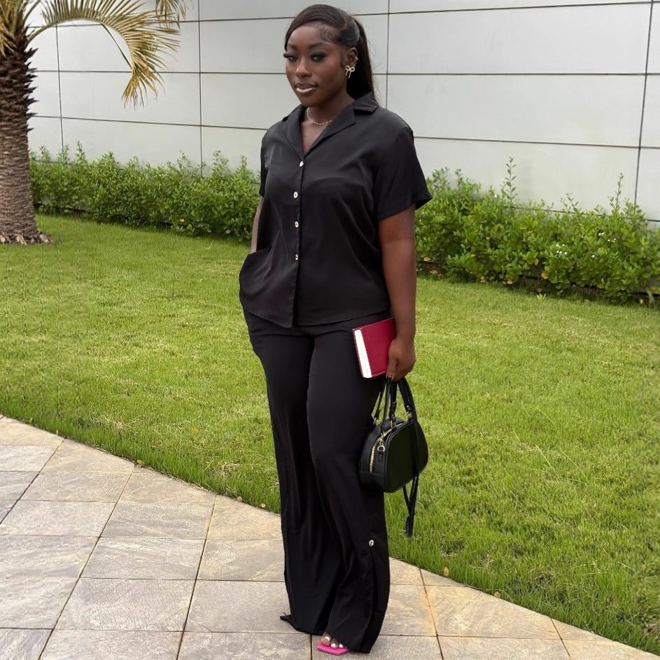 Cross-border European and American women's clothing solid color lapel cardigan shirt top women's African style fashion wide-leg trousers two-piece set