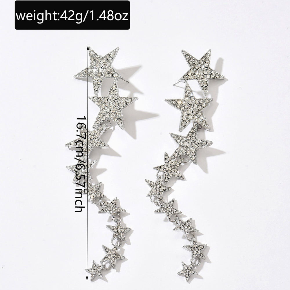 European and american fairy star long tassel earrings - unique, elegant, high-end, full diamond five-pointed star multi-layer dangle earrings jewelry